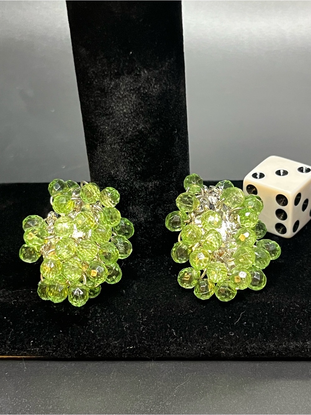 Beautiful vintage statement earrings featuring bright faceted lime green glass s